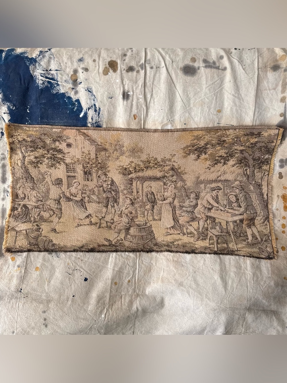 Vintage 40s 50s European Baroque Jacquard Tapestry Genre Scene